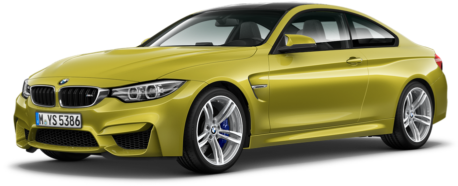 黃色 BMW M4 Coupe 側面視圖 壁紙 — 一輛充滿活力的黃色BMW M4雙門轎跑車，配備銀色輪圈和藍色制動卡鉗，在工作室燈光下展示。