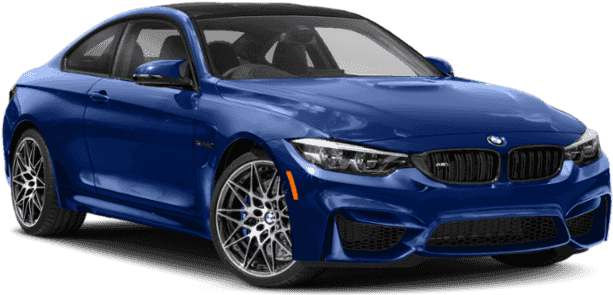 藍色BMW M4 Coupe側面視圖 壁紙 — 一輛時尚的藍色BMW M4雙門轎跑車，配備銀色合金輪圈和侵略性前格柵，孤立在黑色背景上。