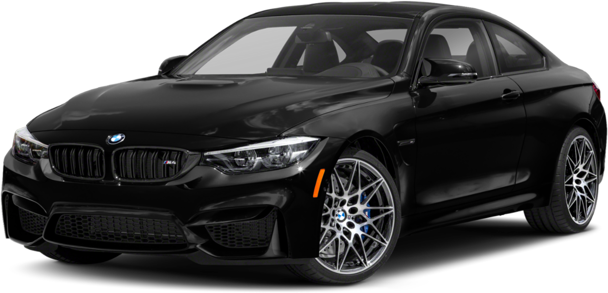 黑色 BMW M4 Coupe 側面視圖 壁紙 — 一架型格黑色BMW M4雙門轎跑車，配備銀色合金輪圈和發光頭燈，在純白色背景上孤立展示。
