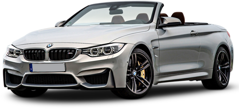 銀色BMW M4敞篷車 壁紙 — 一輛時尚的銀色寶馬開篷跑車，配備黑色輪圈和金色制動卡鉗，在黑色背景前展示。