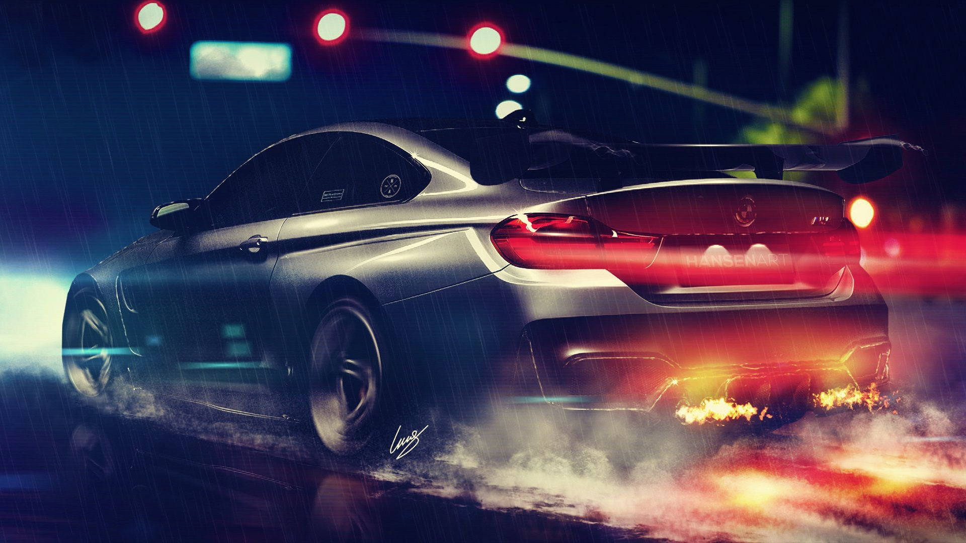 BMW M4系列數位藝術 壁紙 — 一輛銀色跑車在夜間雨中飄移，帶有火熱的排氣管和發光的紅色尾燈。