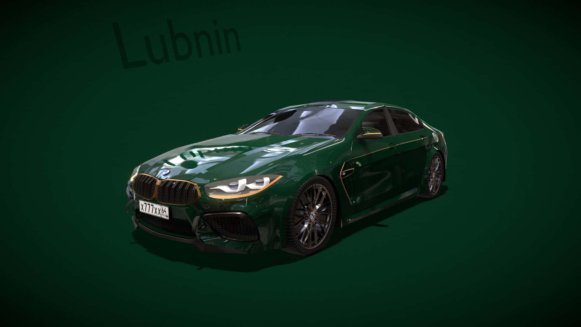 光澤綠色BMW M5轎車，帶有金色飾條和發光頭燈，背景為深綠色。