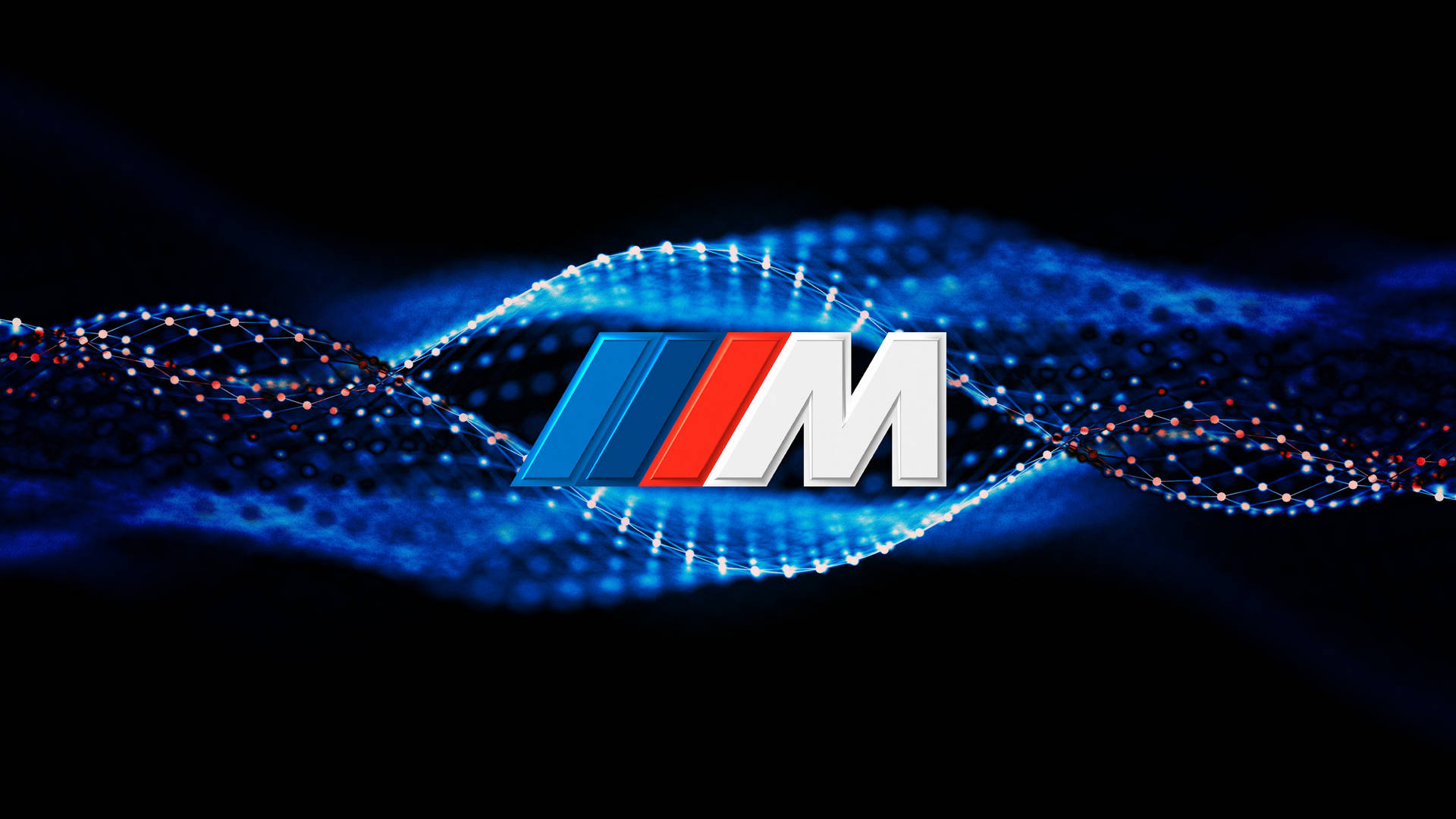 BMW M 標誌帶有藍、紅、白條紋，被發光的數位粒子波環繞在黑色背景上。