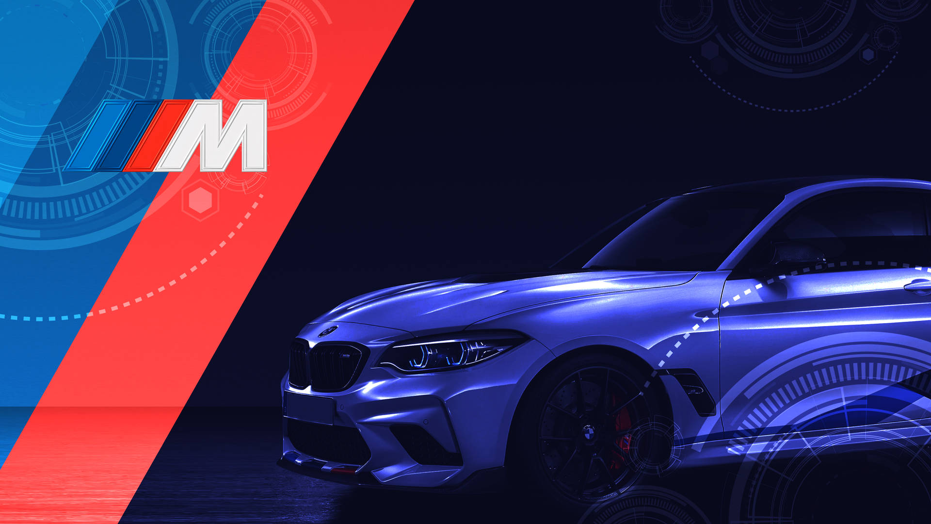 時尚的藍色BMW M車，在數位科技背景上帶有發光點綴。