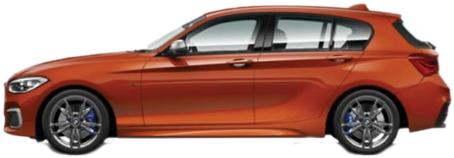 橙色BMW側面視圖 壁紙 — 一輛時尚的橙色BMW掀背車側面圖，配備銀色合金輪圈和藍色制動卡鉗。