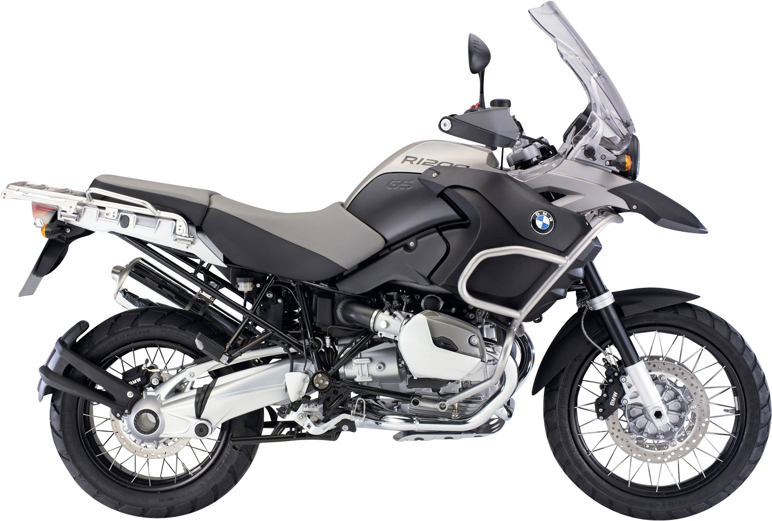 BMW R1200GS冒險摩托車 壁紙 — 一架時尚的銀黑色BMW R1200GS冒險電單車在純黑背景下展現其堅固設計和鍍鉻細節。