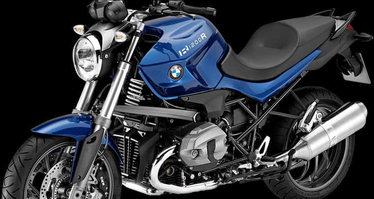 藍色BMW R1200R機車高畫質 壁紙 — 一輛時尚的藍色BMW R1200R電單車，帶有鍍鉻裝飾和黑色座椅，在純黑色背景下脫穎而出。
