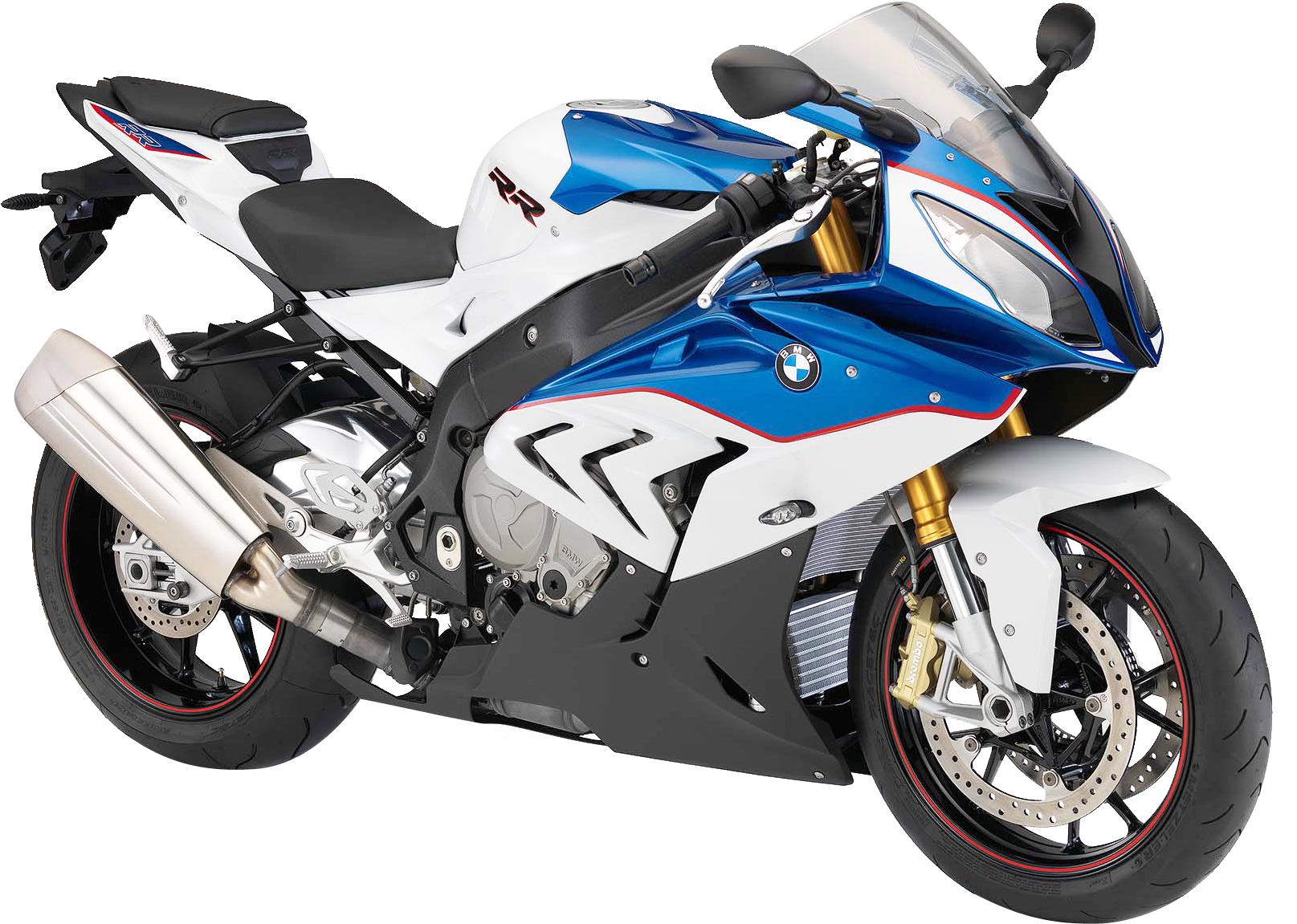 藍白紅BMW S1000RR運動機車 壁紙 — 一架時尚的藍白色BMW運動電單車，配備金色前叉和紅色點綴，孤立在黑色背景前。