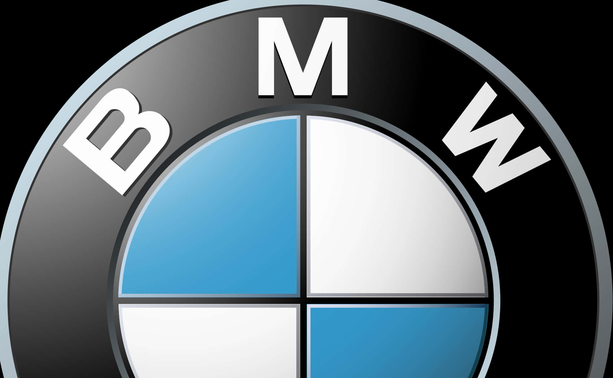 BMW標誌設計 壁紙 — 高對比度數位渲染的標誌性BMW標誌，藍白四象限，黑色背景。