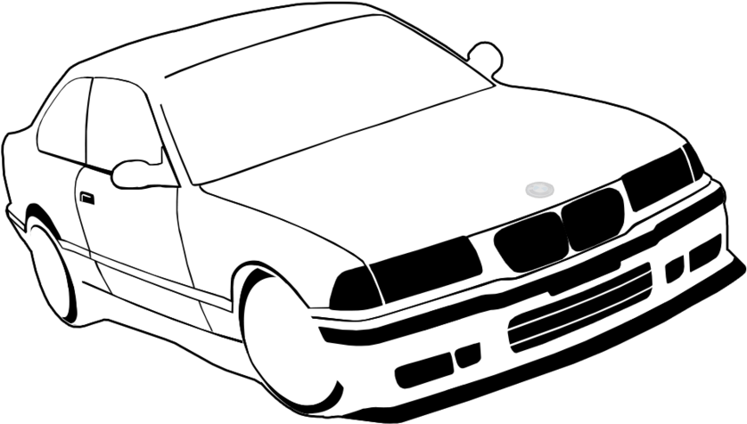 BMW汽車線條藝術 壁紙 — 一輛時尚的白色BMW轎車，以黑色勾勒在純黑色背景上，線條簡潔極簡。