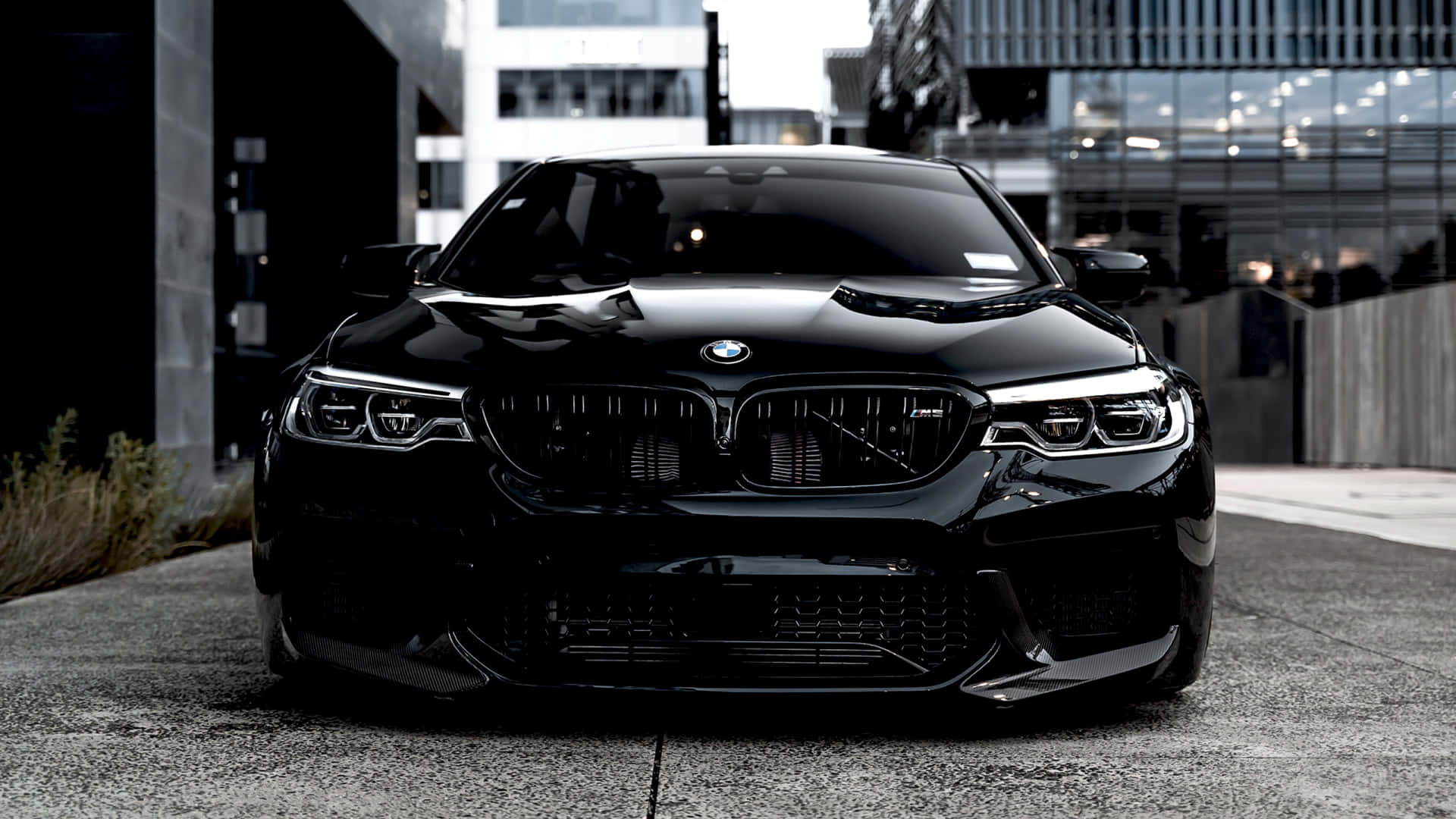 停靠路邊的亮紅BMW轎車 壁紙 — 一輛光澤黑色BMW M5跑車停泊在混凝土城市街道上，背景為現代建築。