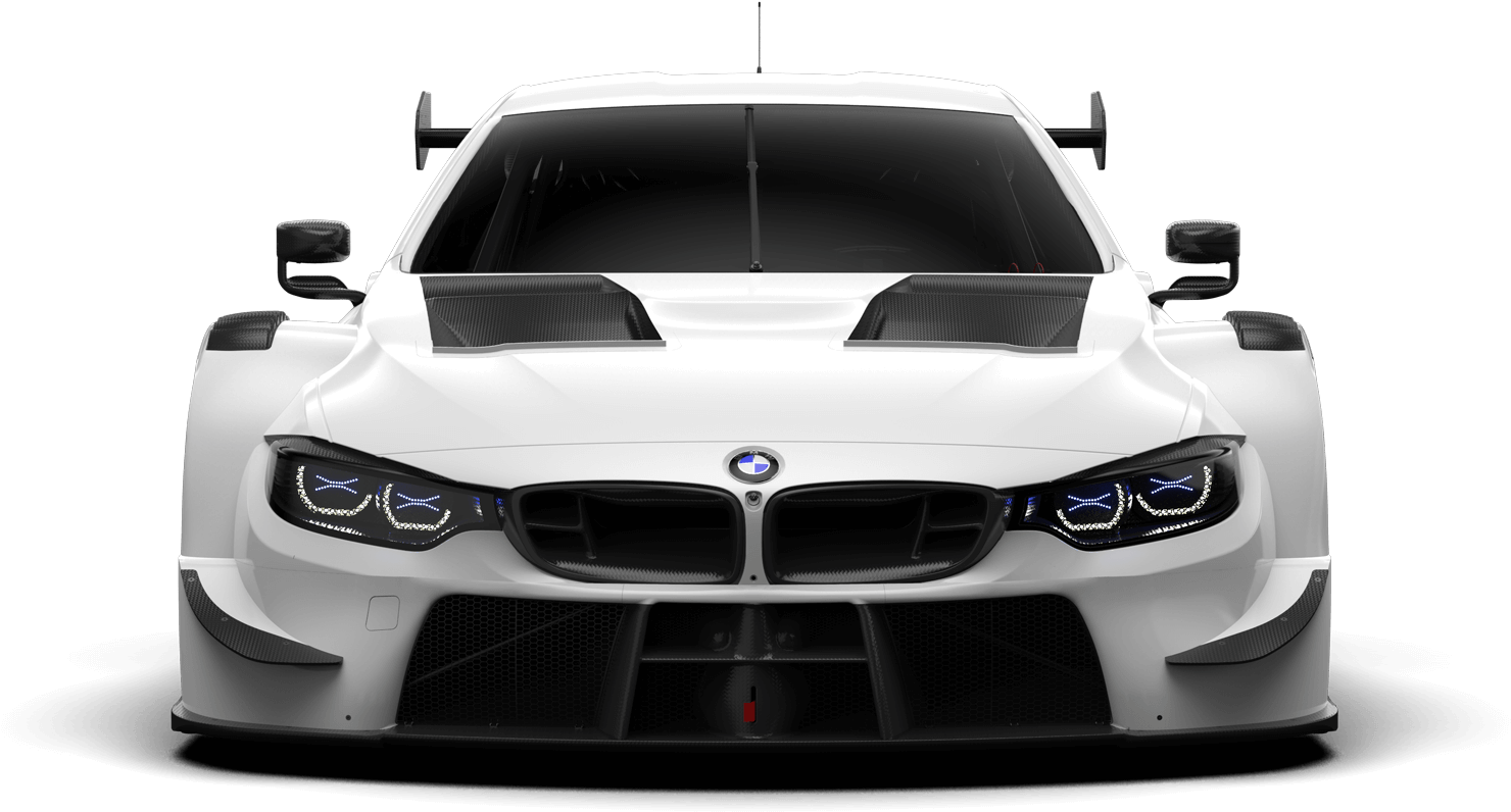 BMW 賽車正面視圖 壁紙 — 白色寶馬賽車正面視圖，帶有發光藍色車頭燈，背景為黑色。