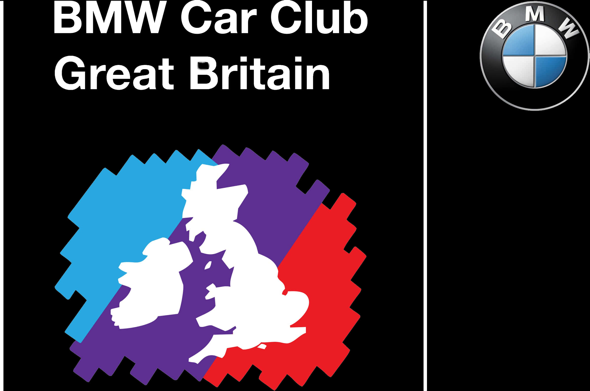 BMW汽車俱樂部英國分會標誌 壁紙 — BMW Car Club Great Britain 的大膽圖形標誌，以黑色背景上的藍色、紫色和紅色鋸齒形狀襯托白色英國地圖輪廓。