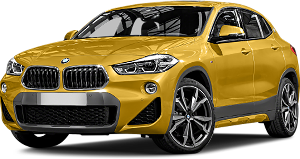 黃色BMW X2 SUV側面視圖 壁紙 — 一輛鮮黃色的BMW X2 SUV，設計時尚，帶有鍍鉻裝飾，在黑色背景下格外突出。