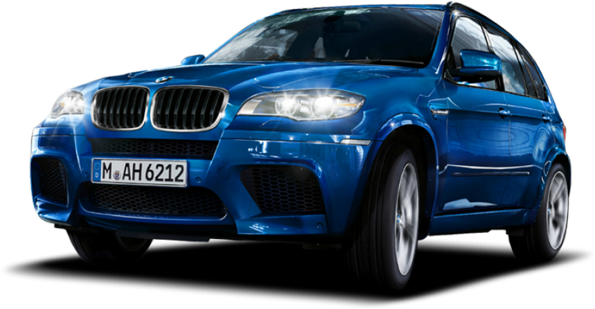 藍色BMW X5 M Sport 壁紙 — 一輛光澤藍色BMW X5 SUV，車頭燈亮起，在黑色背景上孤立。