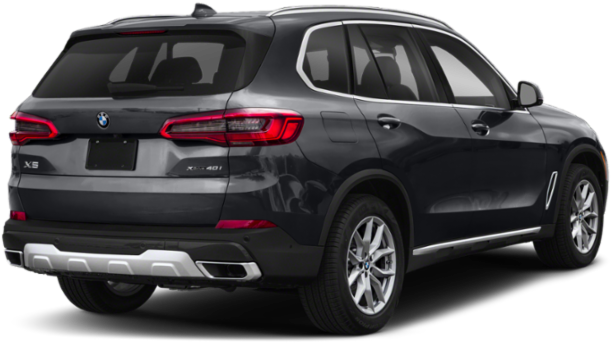 BMW X5 SUV 後視圖 壁紙 — 一輛時尚的深灰色BMW X5 SUV，從後方四分之三角度展示，帶有鍍鉻飾條和紅色尾燈。