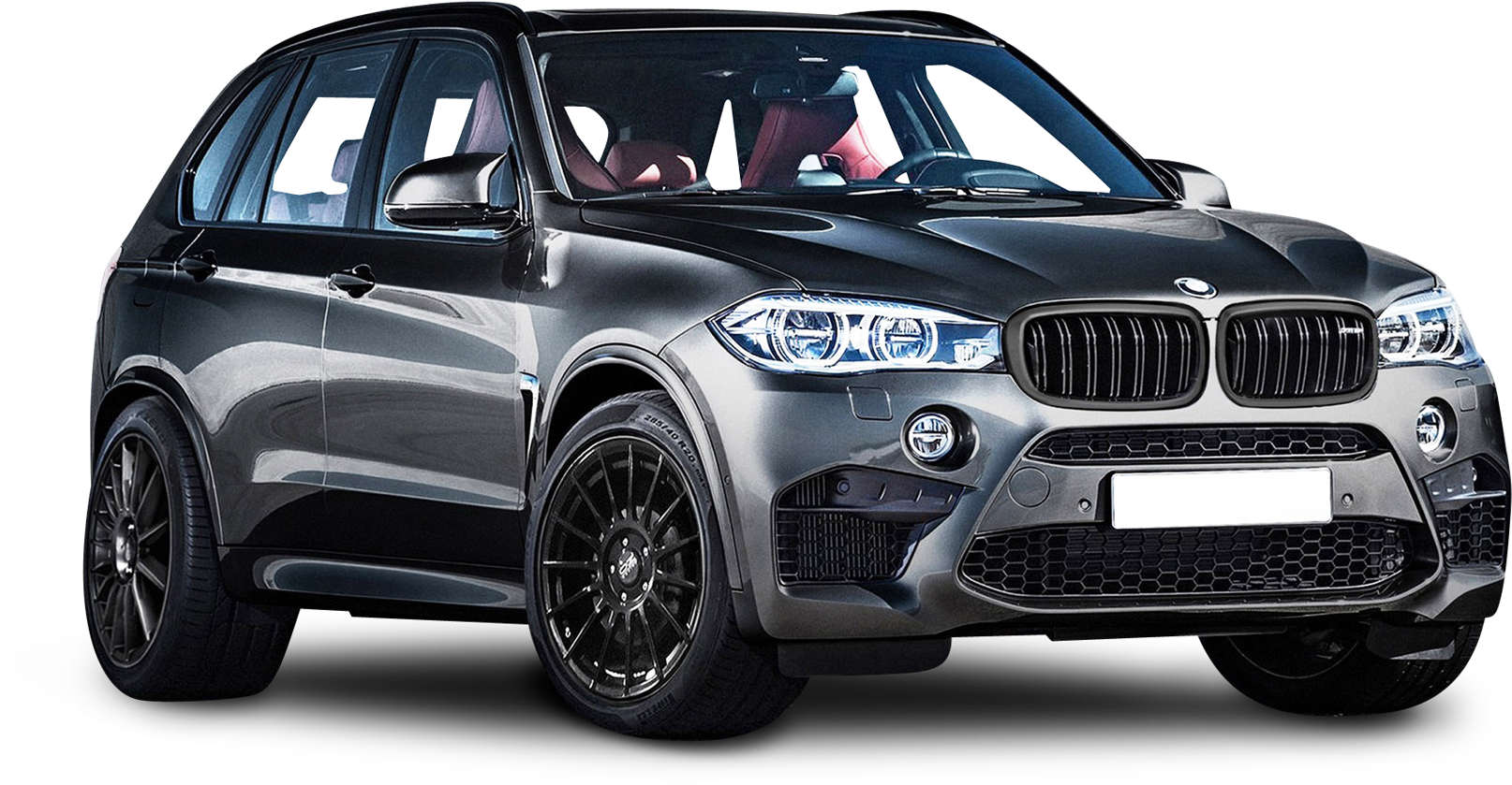 銀色BMW X5 SUV側面視圖 壁紙 — 一輛時尚的啞光灰色BMW X5 SUV，配備黑色輪圈和紅色內飾，矗立在純黑色背景前。