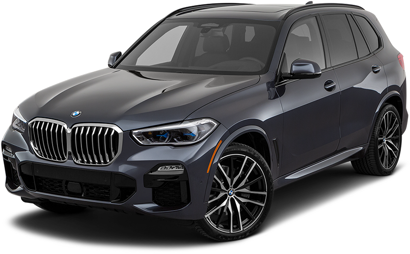 BMW X5豪華SUV側面視圖 壁紙 — 一輛時尚的啞光灰色BMW X5 SUV，配備鍍鉻格柵和合金輪圈，在黑色背景的攝影棚燈光下展示。