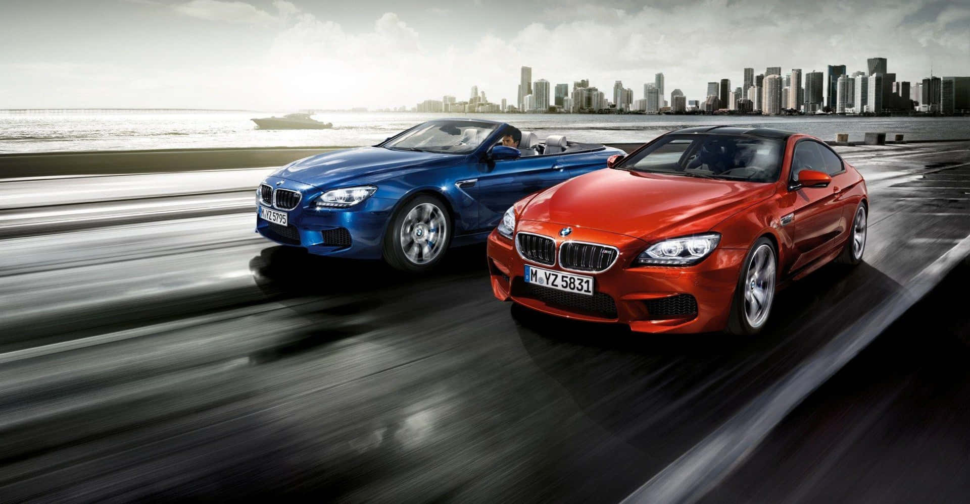 日落時分，兩輛BMW跑車在靠近城市天際線的海岸公路上疾馳。
