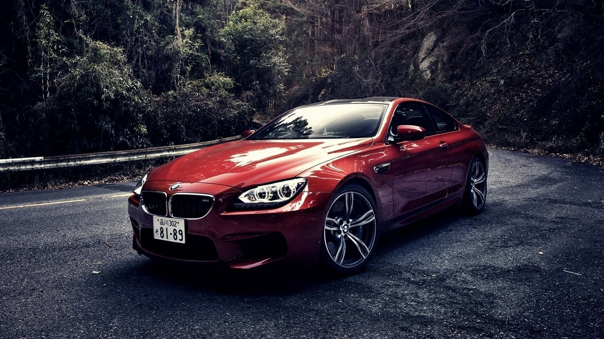 紅色BMW M6跑車停泊在林間道路上。