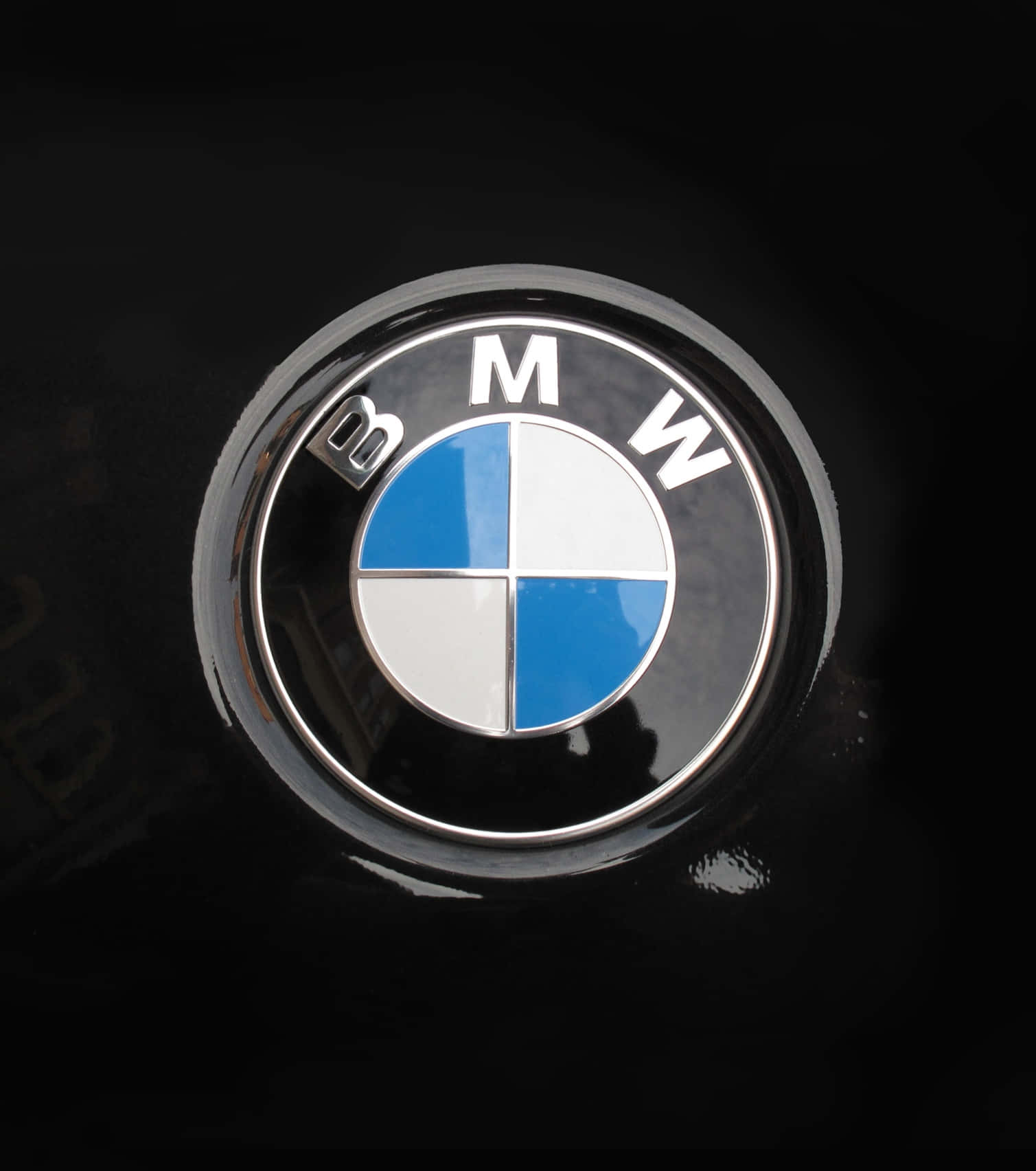 BMW標誌 壁紙 — 在攝影棚燈光下，閃亮的BMW標誌徽章特寫，位於光澤黑色汽車引擎蓋上。
