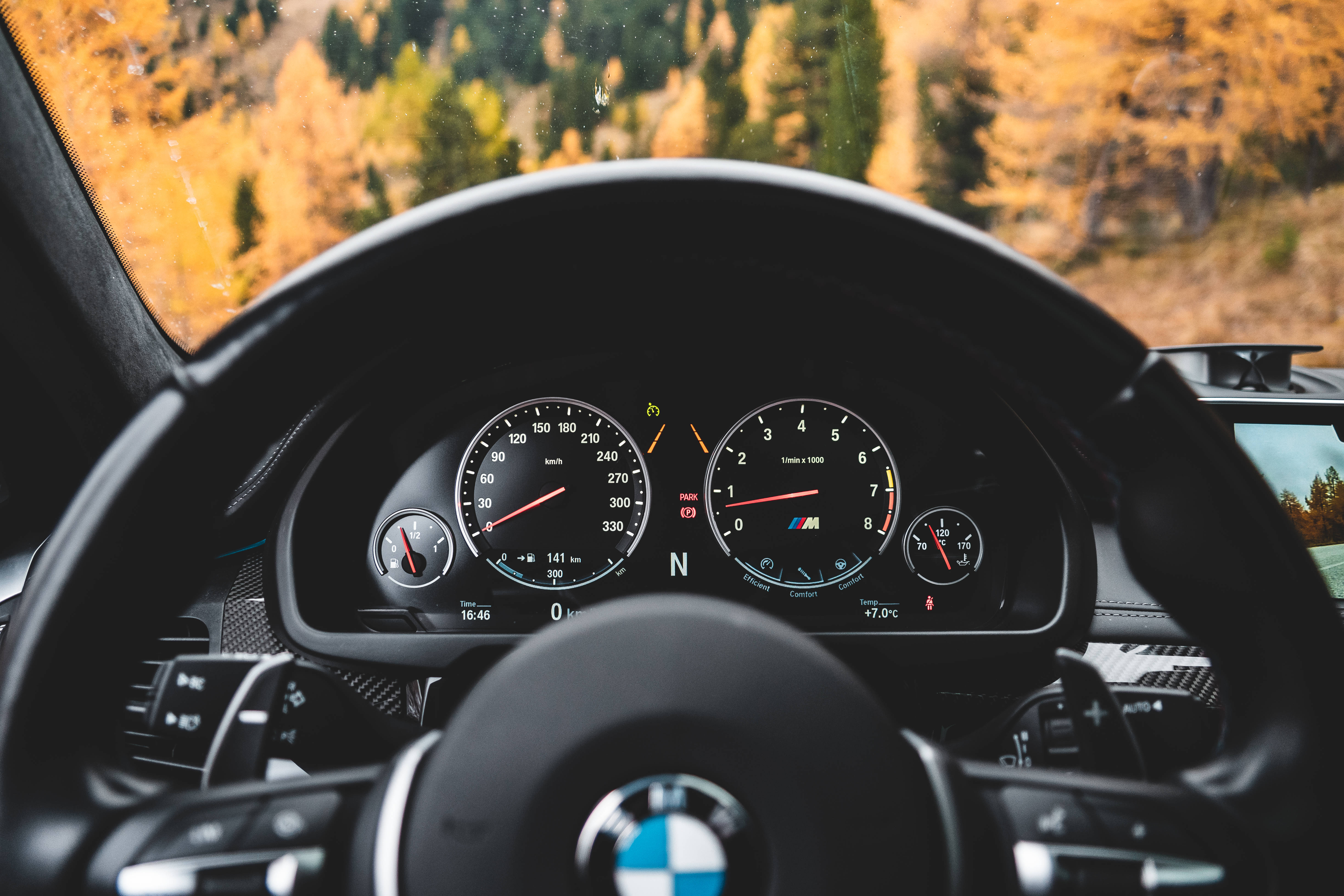 BMW豪華車儀表板 壁紙 — 從BMW M車內近距離拍攝，顯示儀表板和方向盤，透過擋風玻璃可見秋日森林美景。