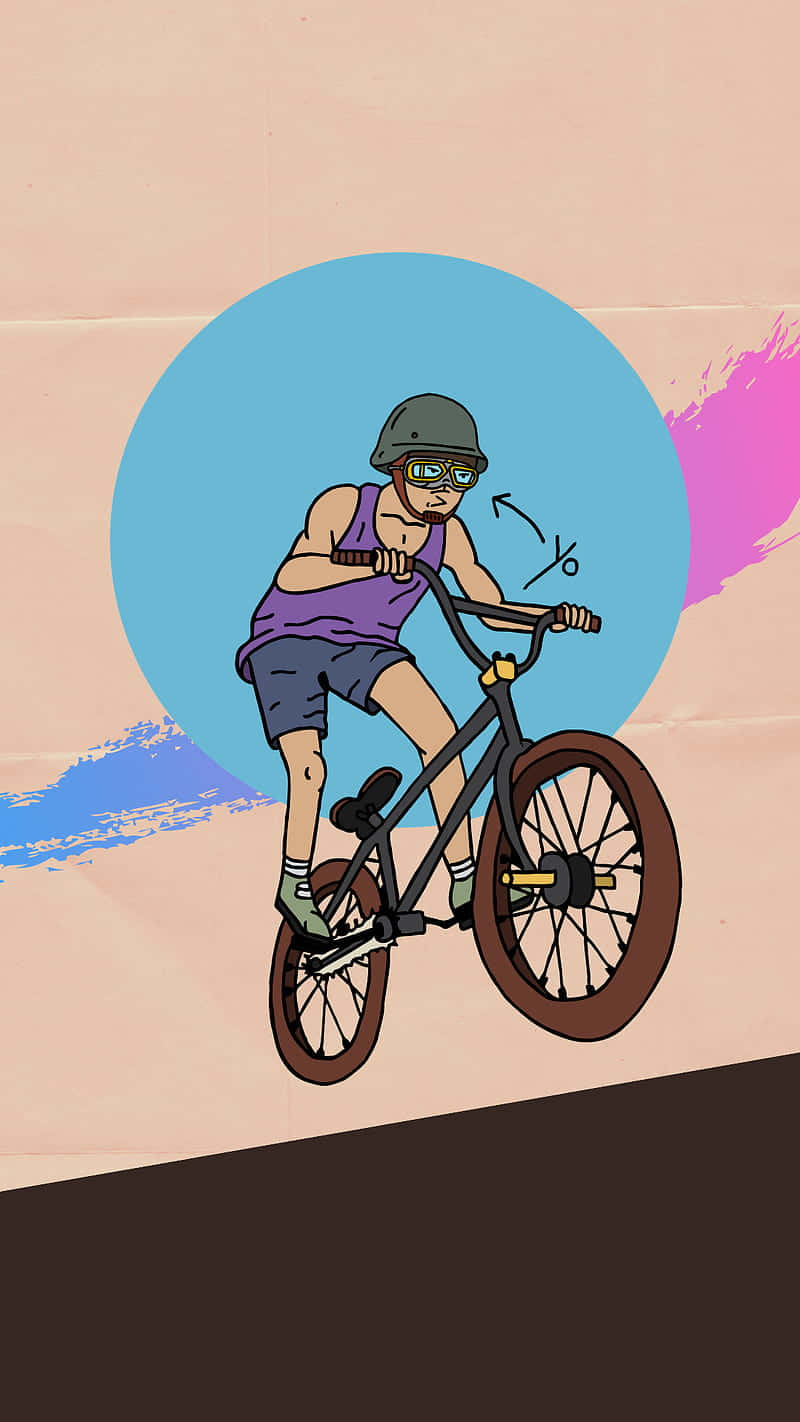 一位戴著頭盔和護目鏡的BMX車手，在色彩繽紛的抽象背景下踩著踏板。