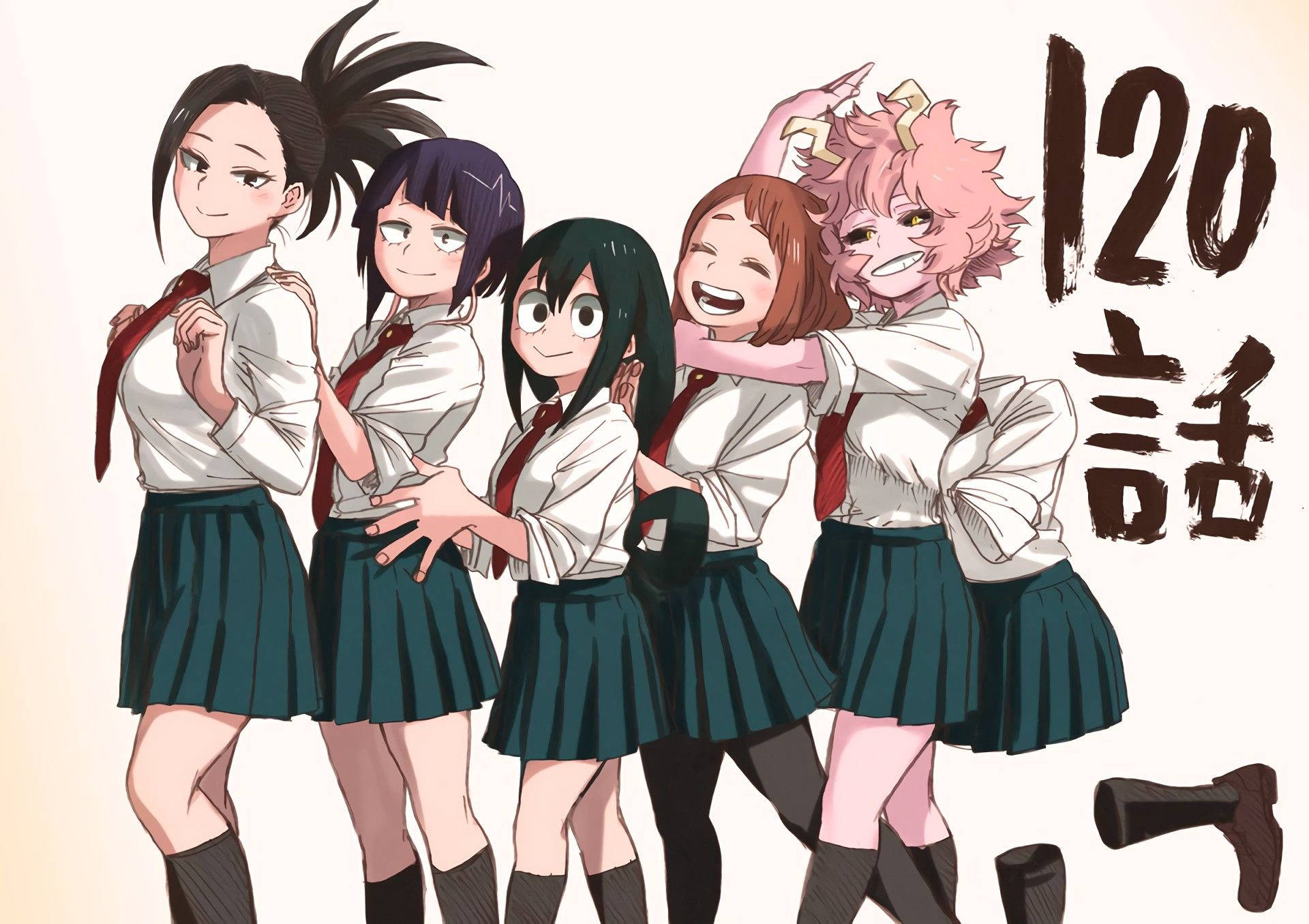 五個穿著校服的動漫女孩一起大笑。
