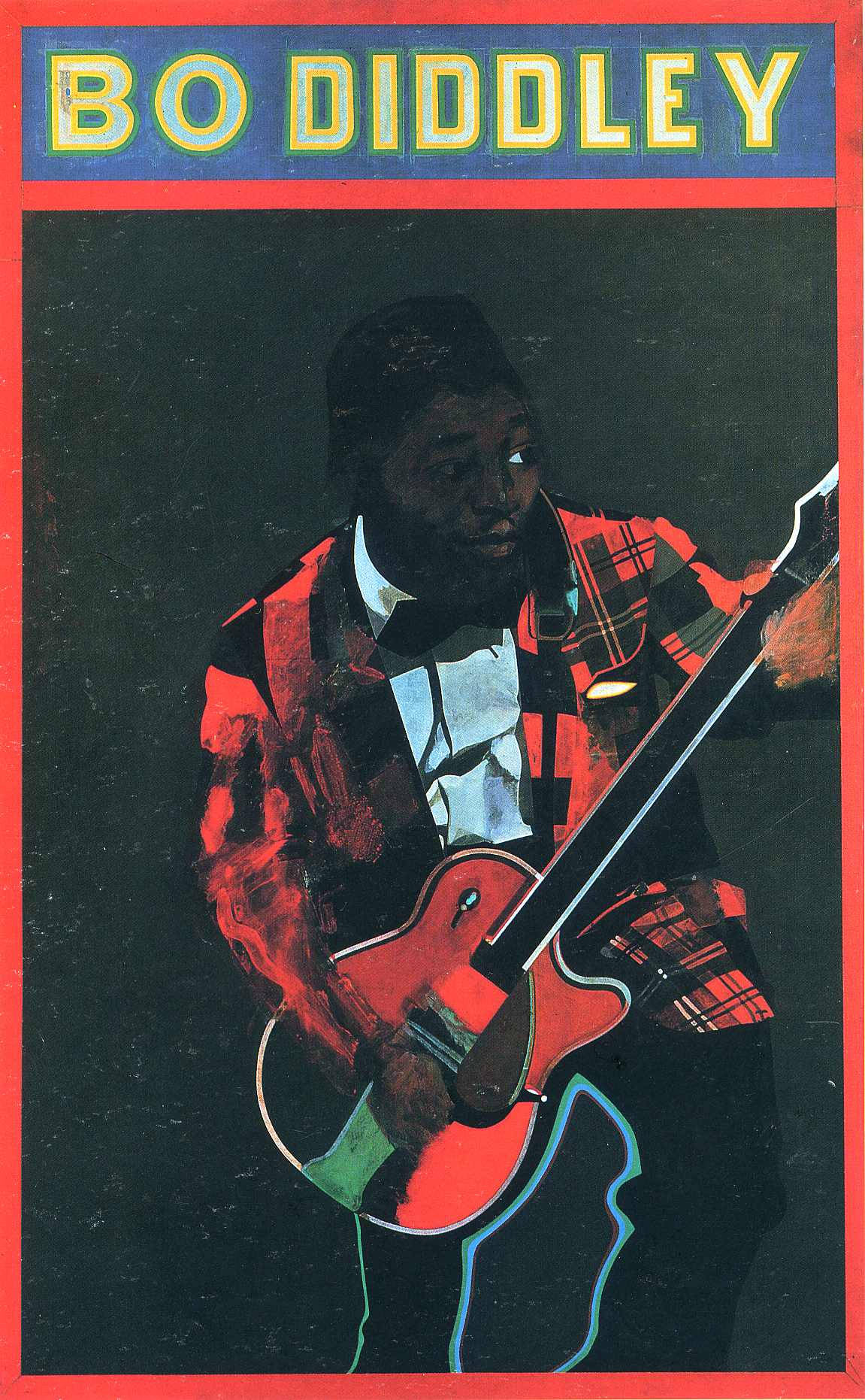 Bo Diddley 波普藝術風格照片 壁紙 — 大膽的復古海報，Bo Diddley 在戲劇性的舞台燈光下彈奏紅色電結他。