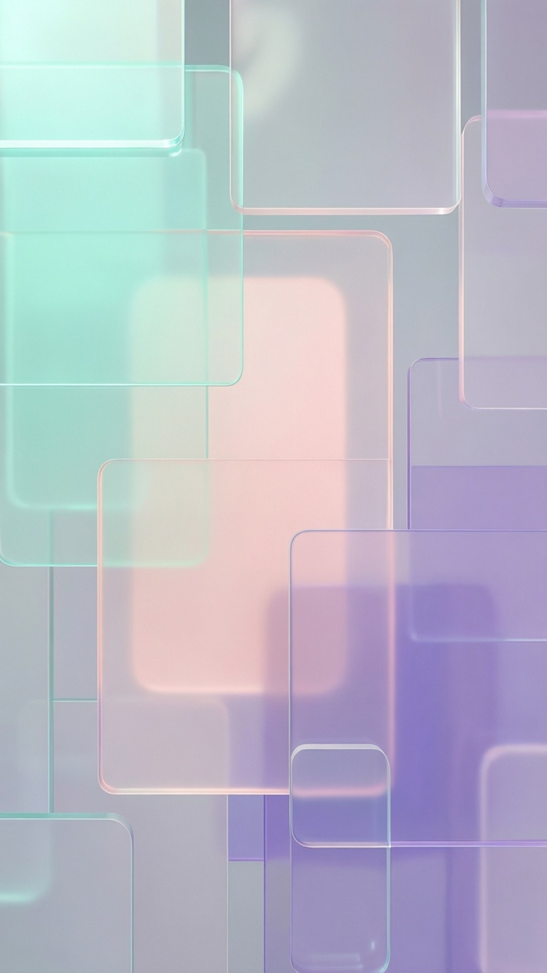Translucent Grid 壁紙 — 薄荷綠、粉紅和薰衣草色的半透明粉彩方塊重疊，漂浮在柔和的漸變背景上。