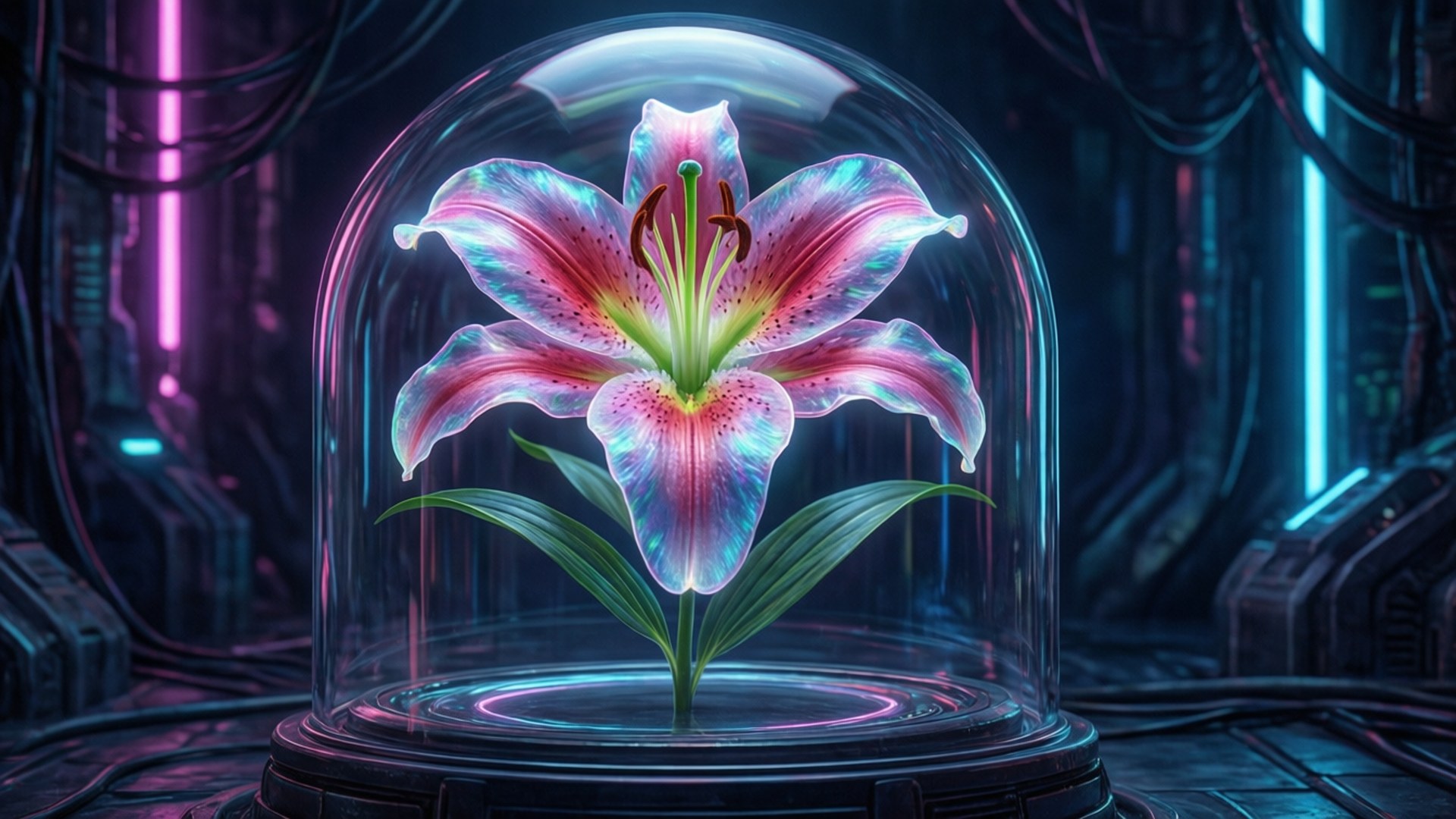 Lilies 桌布 壁紙 — 玻璃穹頂中的發光百合散發出虹彩粉紅和藍色色調，映襯著霓虹燈照亮的未來科技背景。