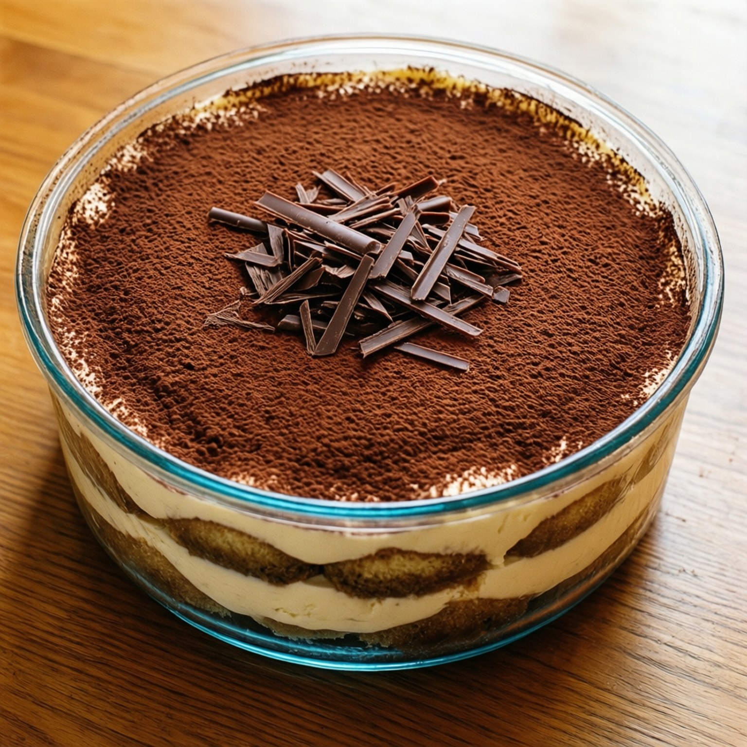 Tiramisu 桌布 壁紙 — 一個玻璃碗盛載著分層的提拉米蘇，上面撒上可可粉和朱古力碎，放在木桌上。