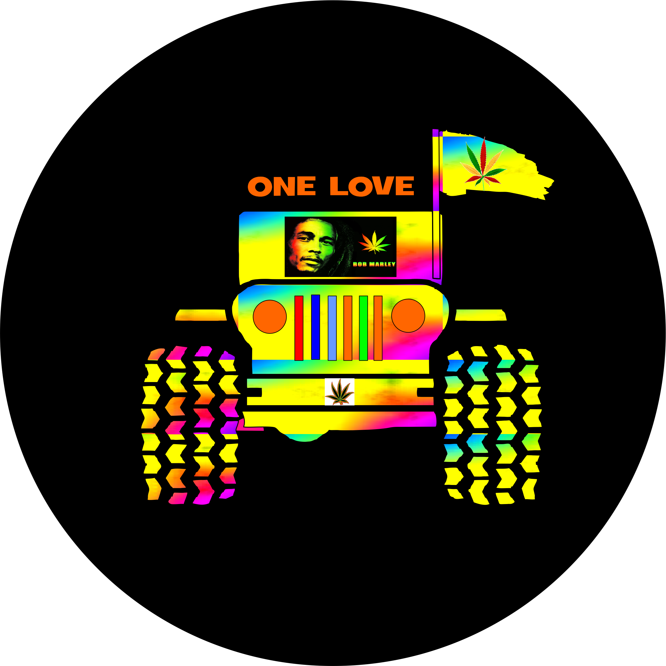 Bob Marley One Love 彩色Jeep插畫 壁紙