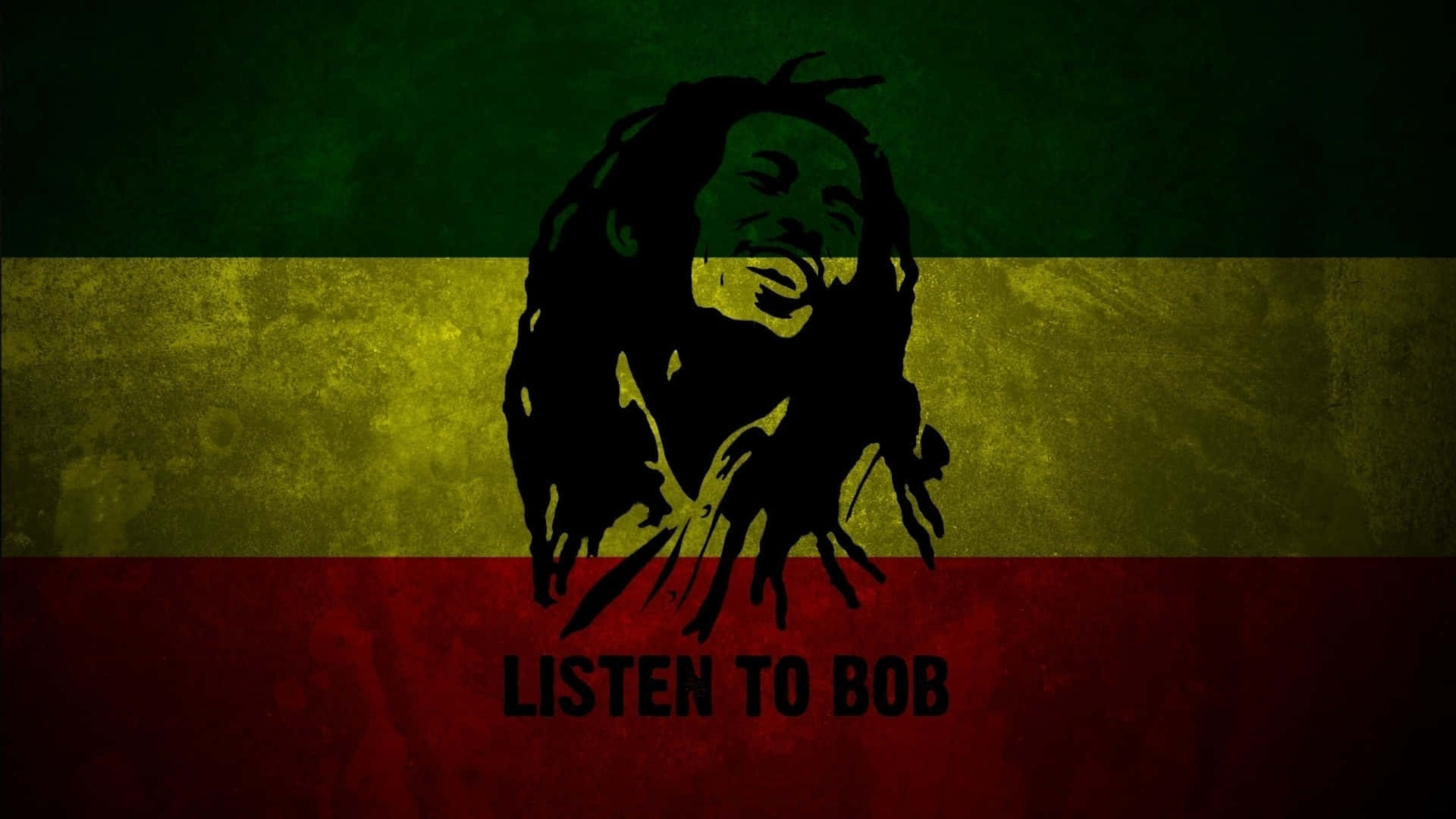 Jamaica 桌布 壁紙 — Bob Marley 嘅剪影，喺有紋理嘅拉斯特法里旗前面微笑，下面有粗體文字。