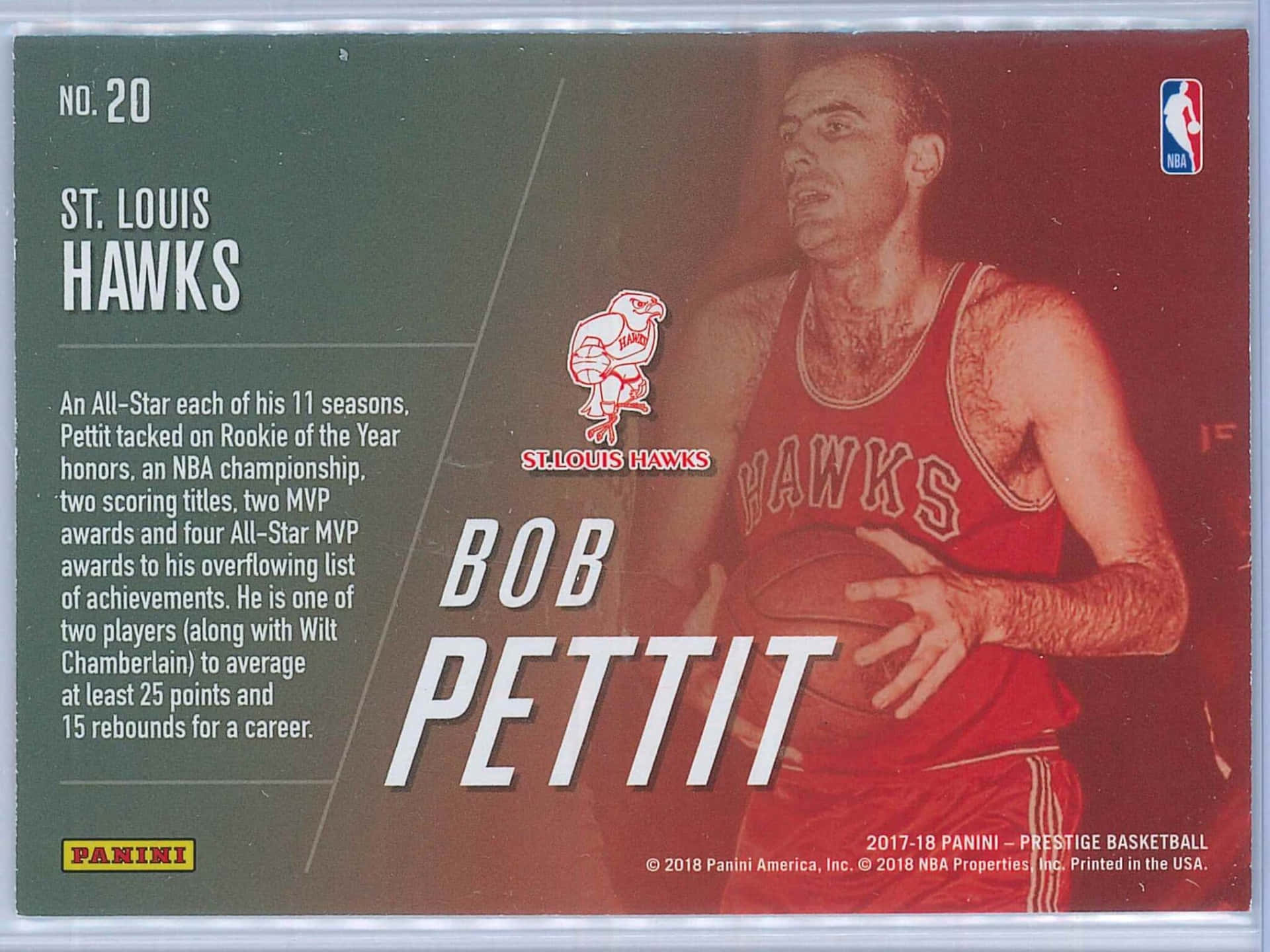 Bob Pettit身穿聖路易斯老鷹隊制服手持籃球的復古NBA交易卡。