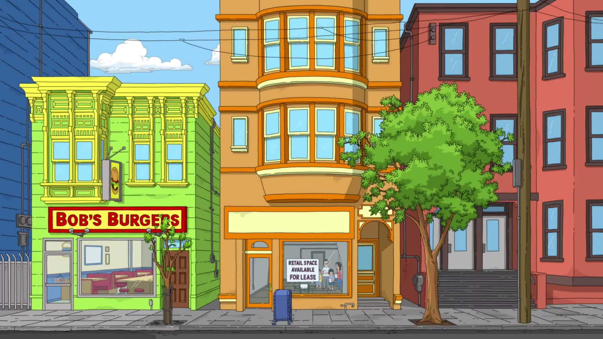 Bob's Burgers 旁邊的綠色餐廳背景 壁紙 — 充滿活力的卡通街景， featuring Bob's Burgers 餐廳、色彩繽紛的建築物和一棵樹，在藍天下。