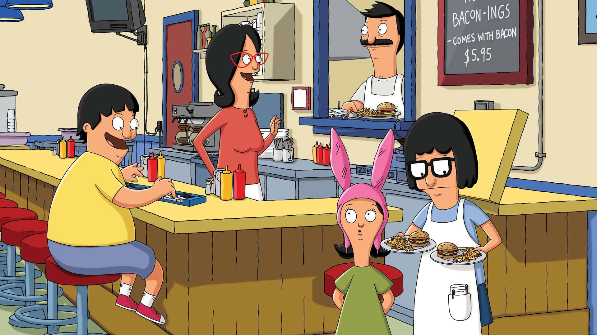 貝徹一家在餐廳內 Bob's Burgers 背景 壁紙 — Bob's Burgers 角色在熙熙攘攘的餐廳中，提供漢堡和煙肉主題菜單。
