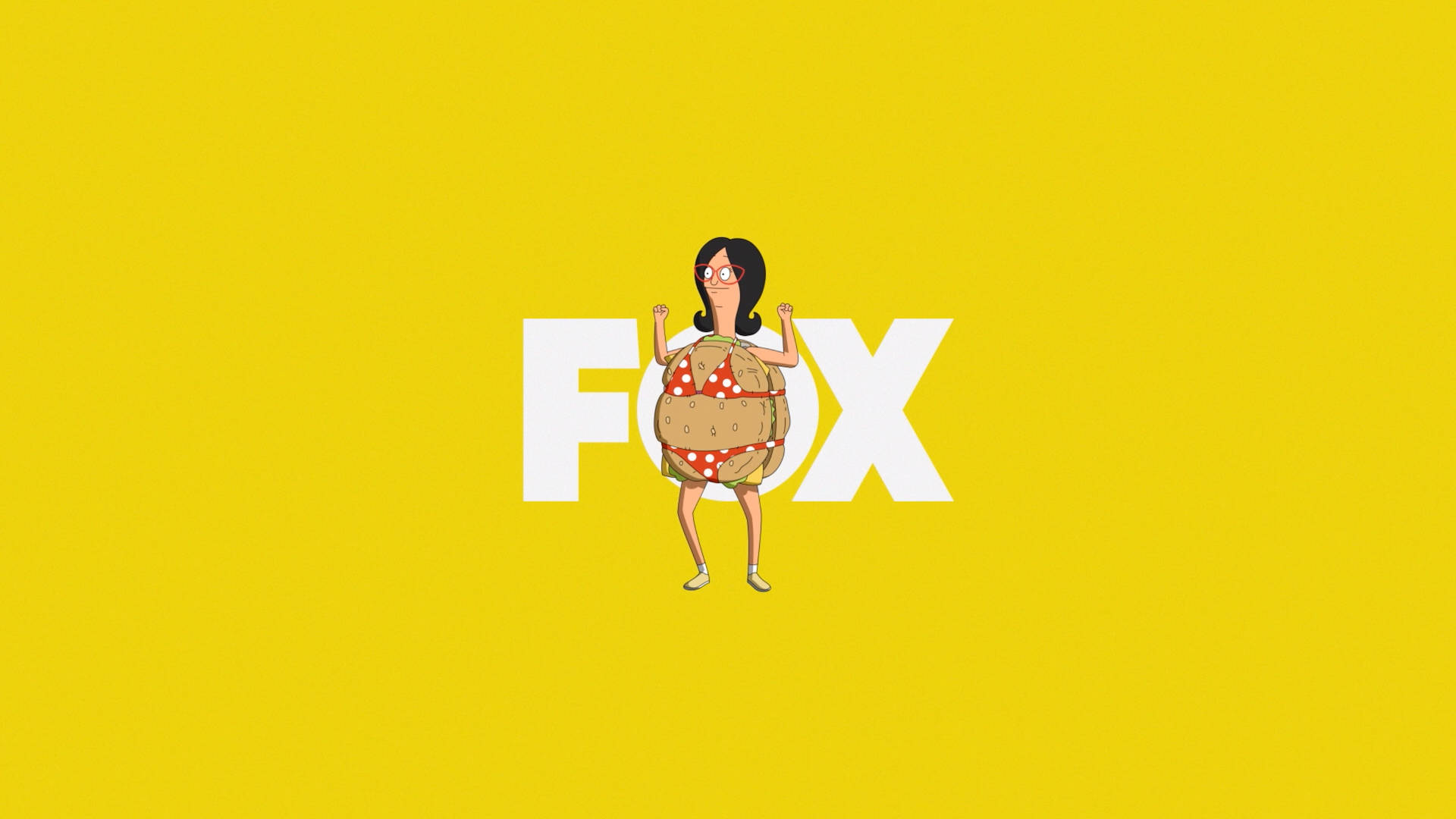 卡通女人穿玉米卷服裝在FOX標誌後黃色背景