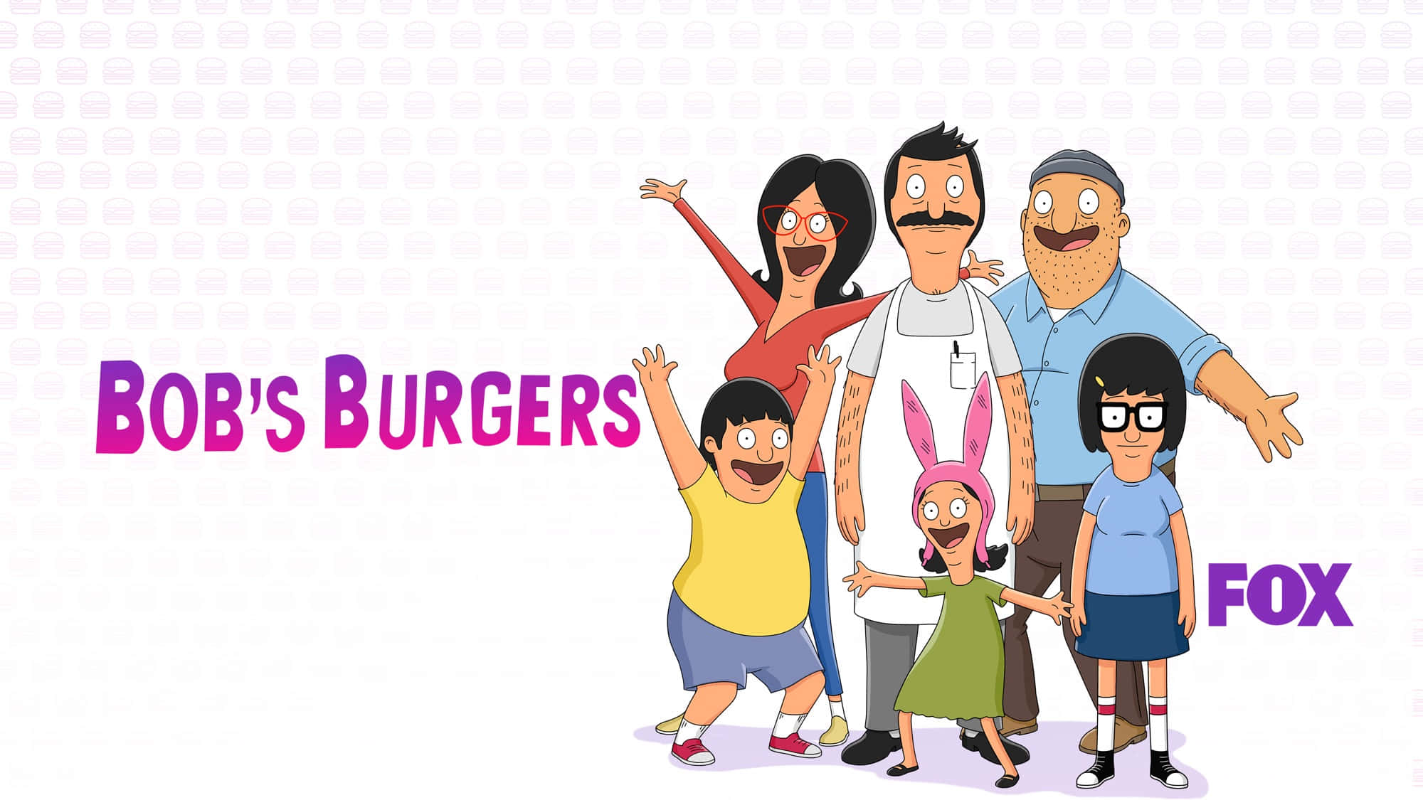紫色標題的Bob's Burgers背景 壁紙 — Bob's Burgers 一家以他們標誌性的卡通風格，在漢堡圖案背景前開心地擺姿勢。