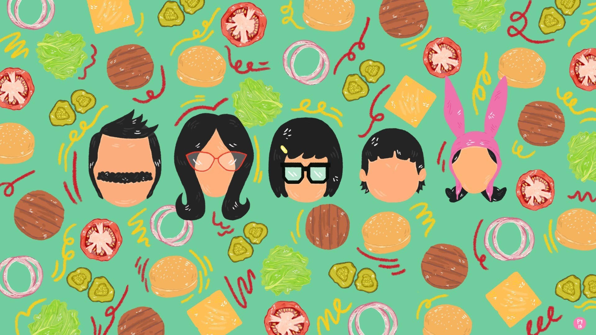 《Bob's Burgers》趣味向量藝術 壁紙 — 五個帶有漢堡配料的卡通臉孔漂浮在散落的生菜、番茄和芝士之間，背景為青綠色。