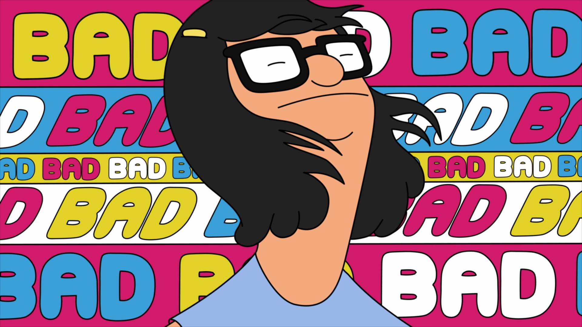 Bob's Burgers 蒂娜·貝克 壁紙 — 一個戴眼鏡、露出譏笑表情的卡通角色，站在以鮮豔色彩重複「BAD」字樣的生動背景前。