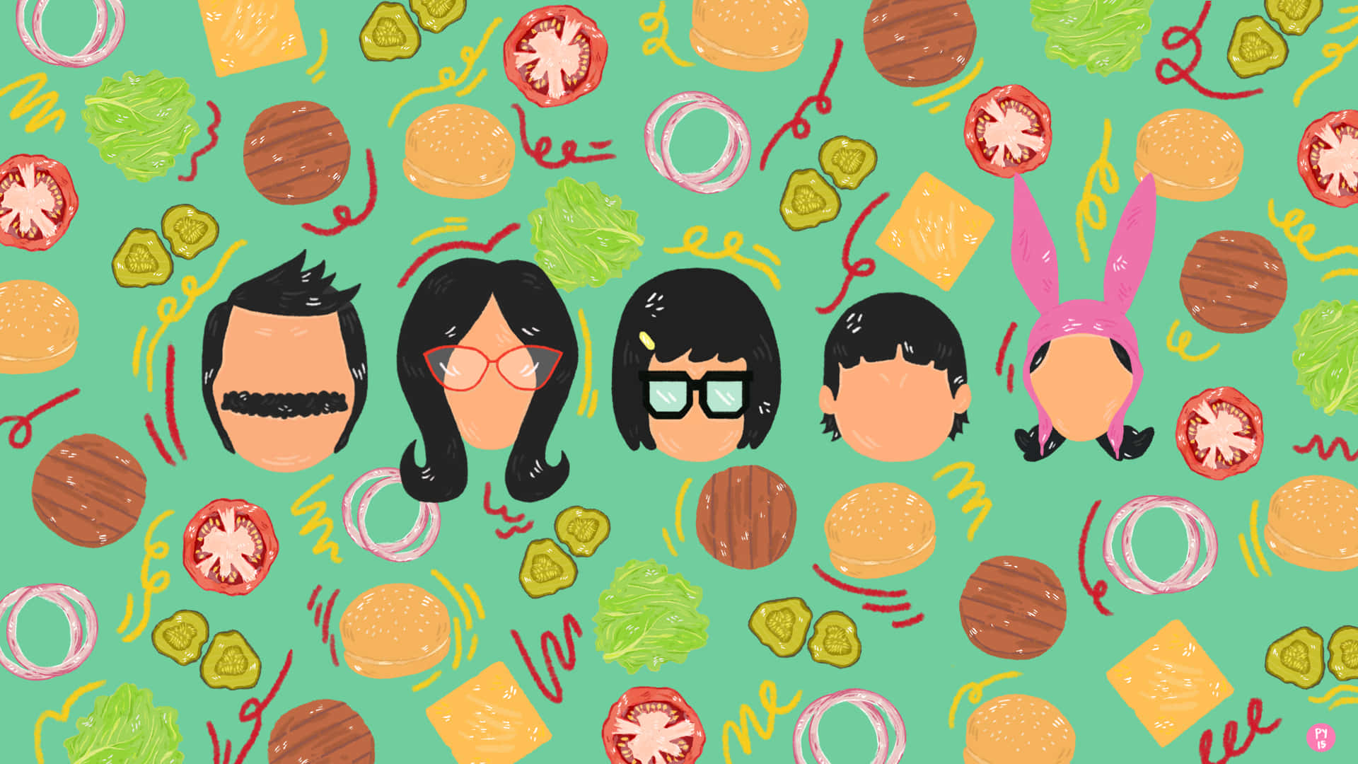 貝徹家族頭像繪畫 - Bob's Burgers 背景 壁紙 — 五個卡通面孔，各有不同髮型和眼鏡，在青綠色背景上漂浮於色彩繽紛的漢堡配料之間。