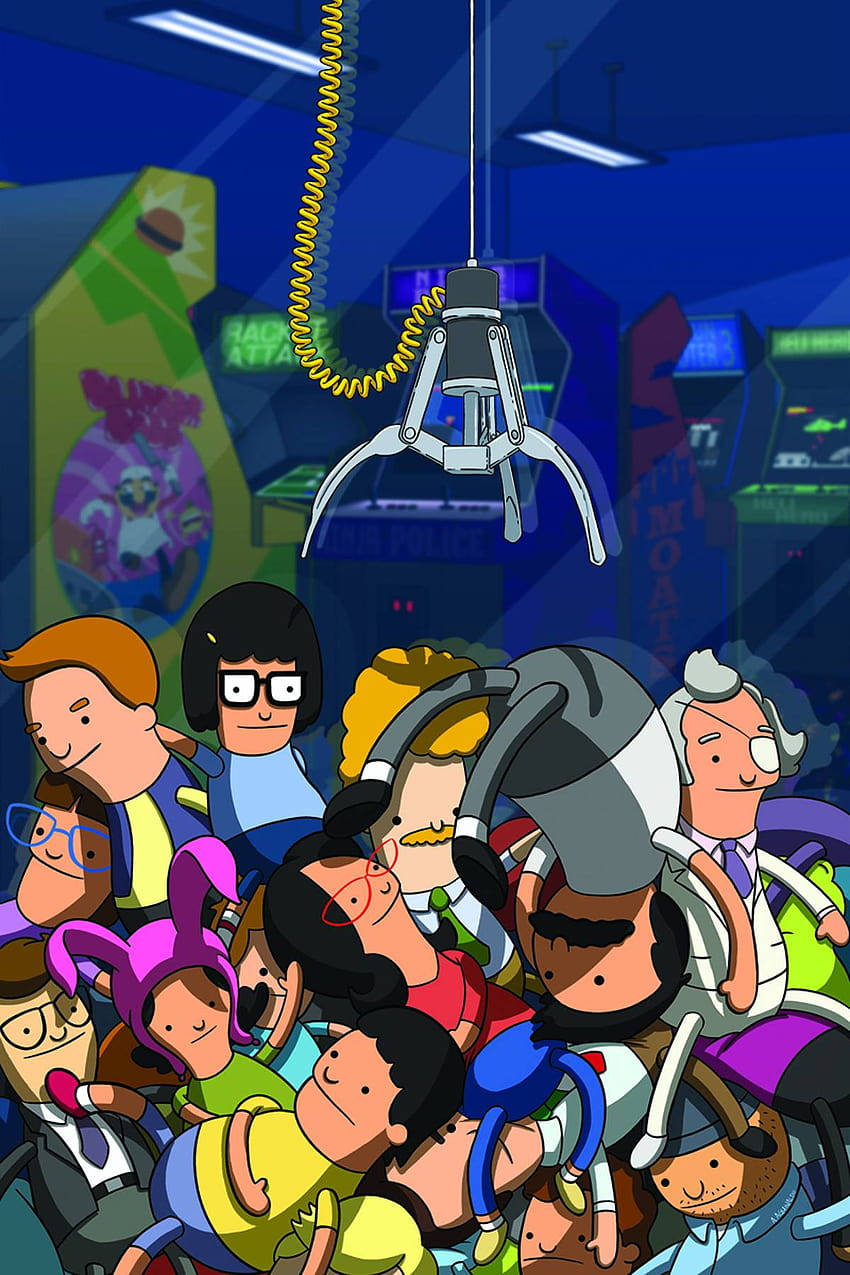 Bob's Burgers 角色在夾娃娃機內 壁紙 — 一群動畫角色在昏暗的遊戲機中心熱切地看著上方的夾公仔機。