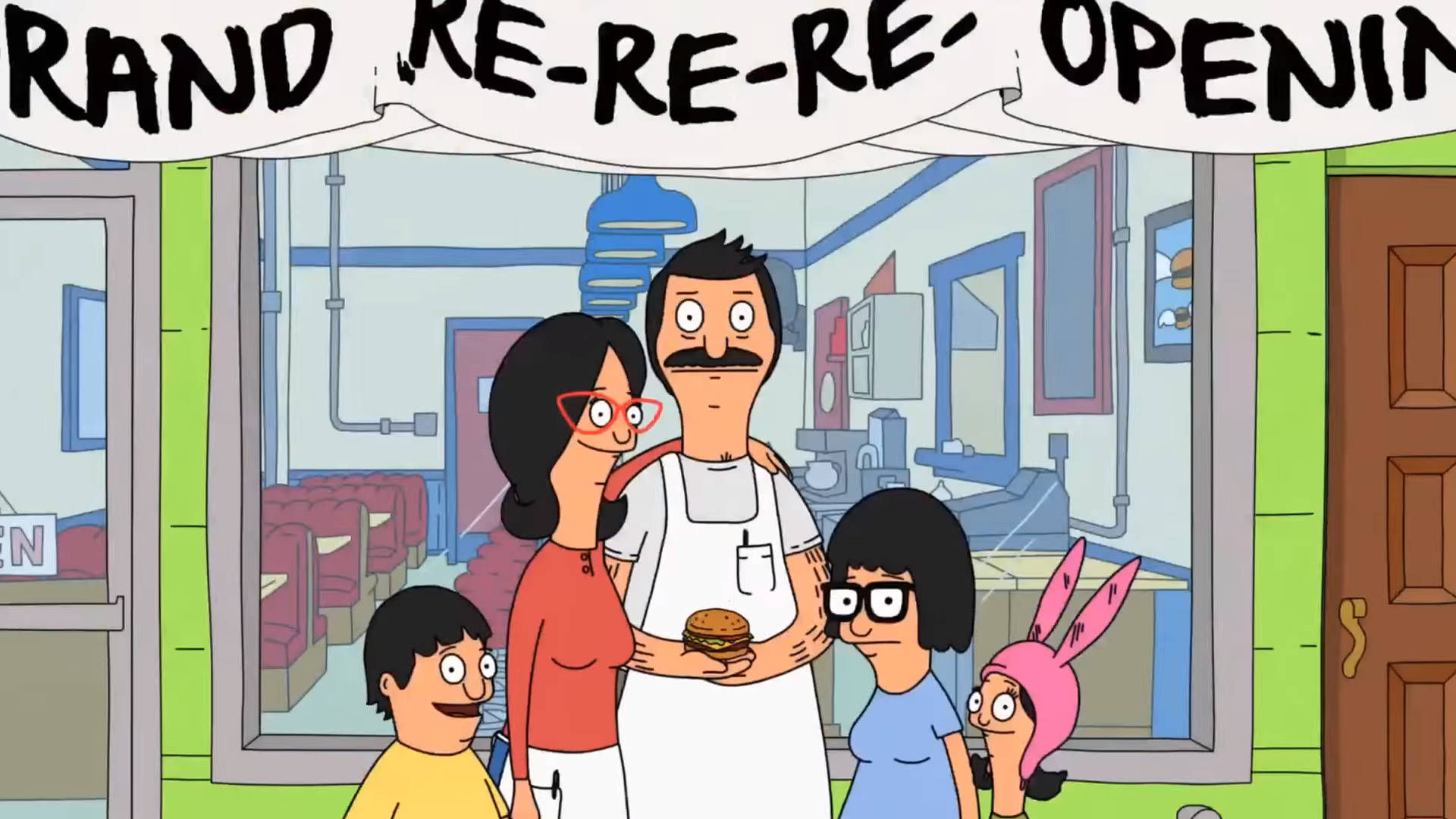 Bob Belcher 同佢嘅家人慶祝佢哋餐廳嘅盛大重重重開業。