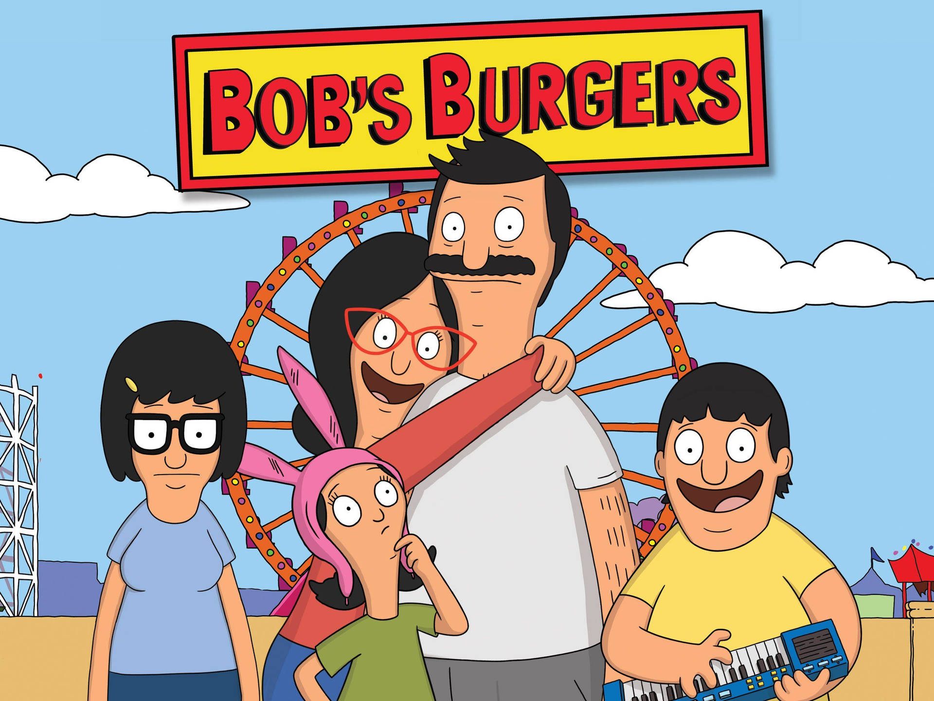 阿Bob's Burgers一家喺嘉年華，後面有個摩天輪。