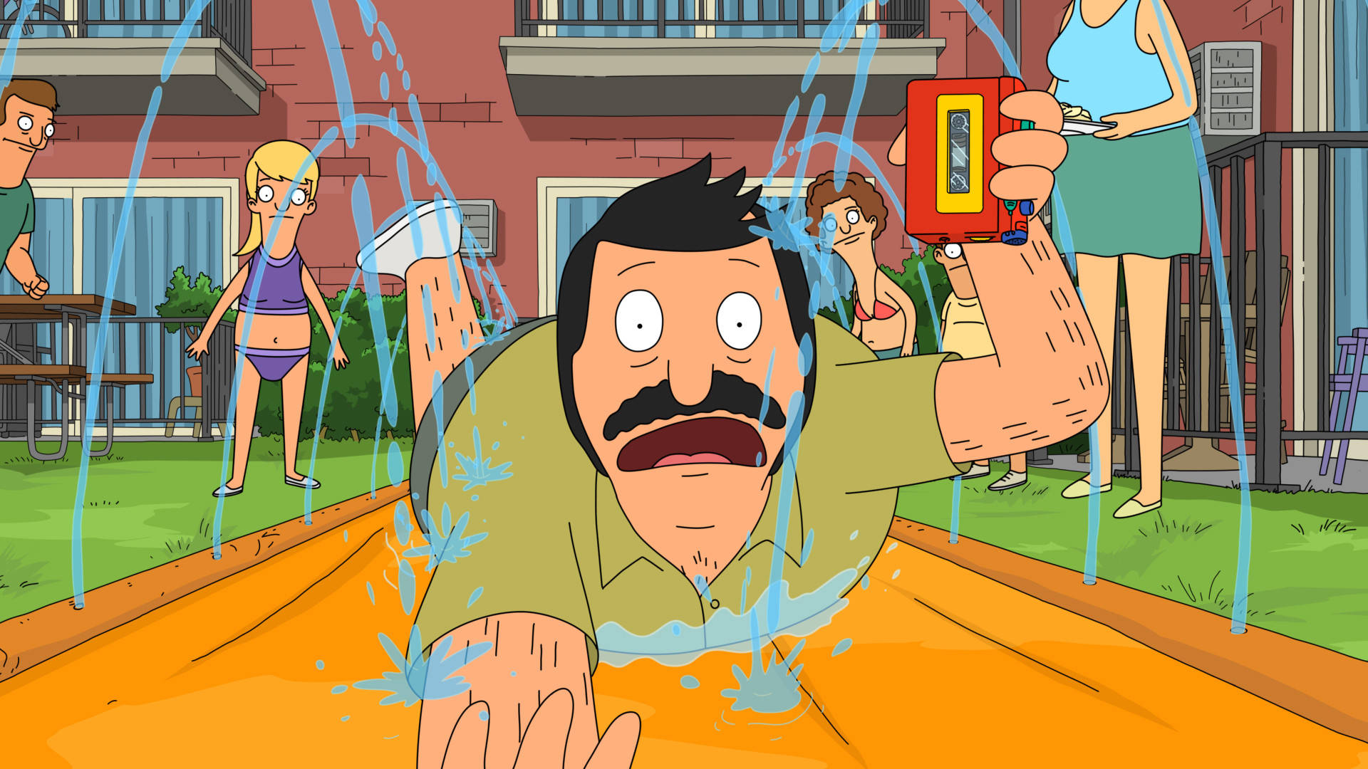 Bob Belcher 揸住錄音機滑落水滑梯。