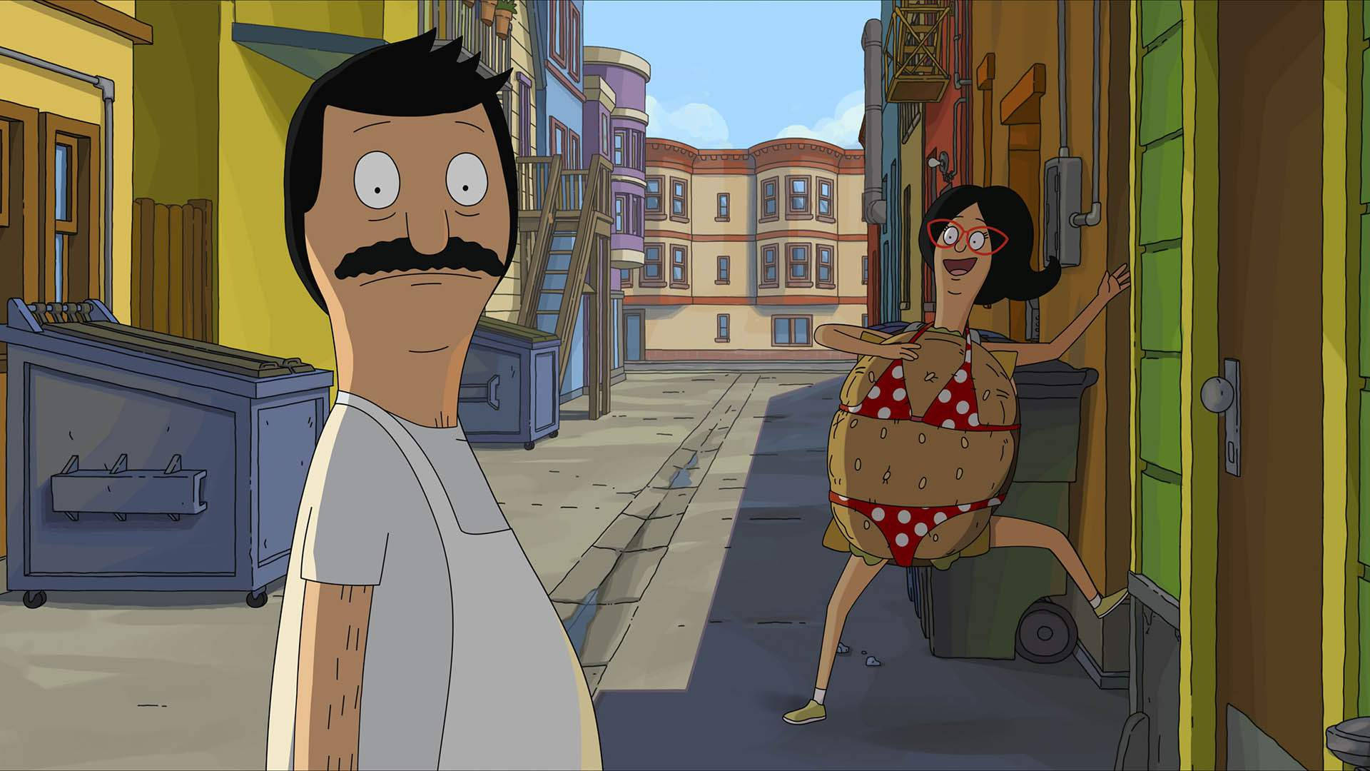 Bob Belcher 睇住Linda著住漢堡包服裝喺一條陽光普照嘅小巷度離開門口。