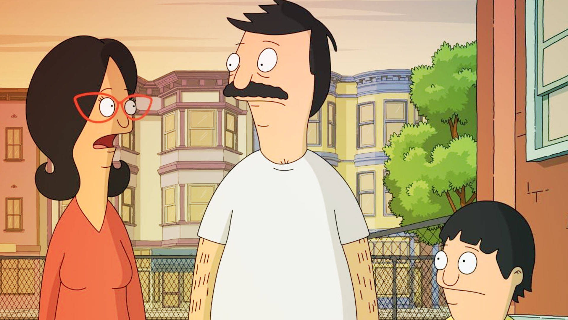 Bob Belcher 一家站在郊區街道上驚訝的表情