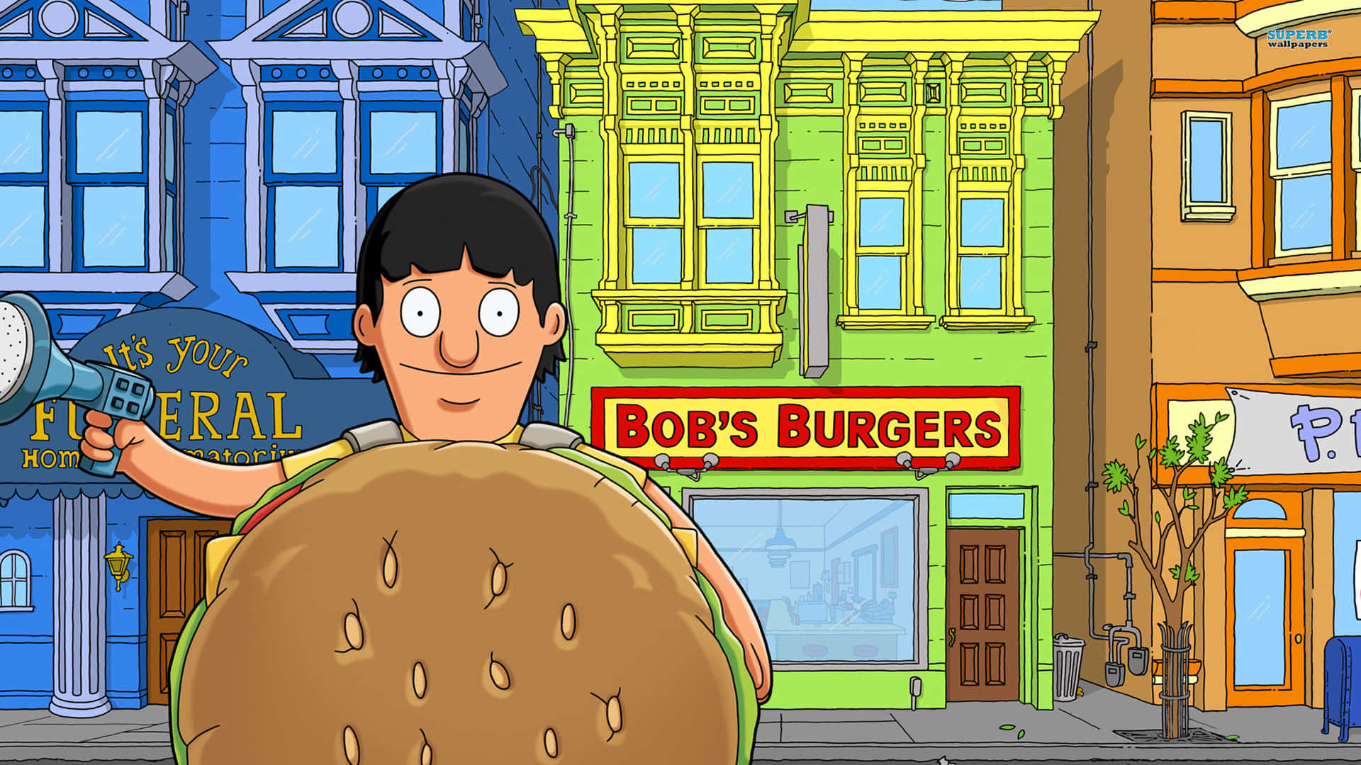 Bob's Burgers 的動畫樂趣 壁紙 — 一個卡通角色穿著巨型漢堡服裝，在色彩繽紛的城市街道上拿著擴音器，背景是 'Bob's Burgers' 餐廳。