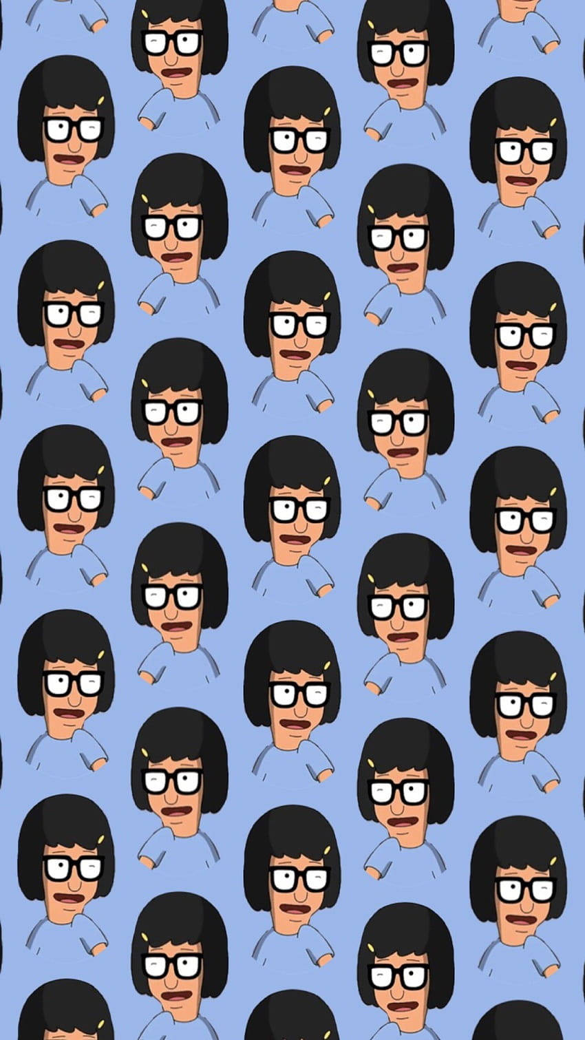 藍色背景上 Bob's Burgers 的 Tina 卡通面孔圖案。